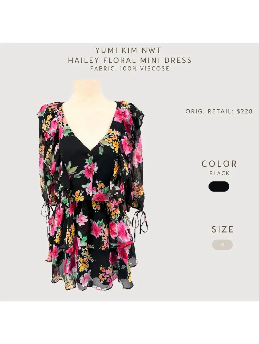 Yumi Kim Hailey Floral Mini Dress Black Silk Feel NWT M - Picture 2 of 9